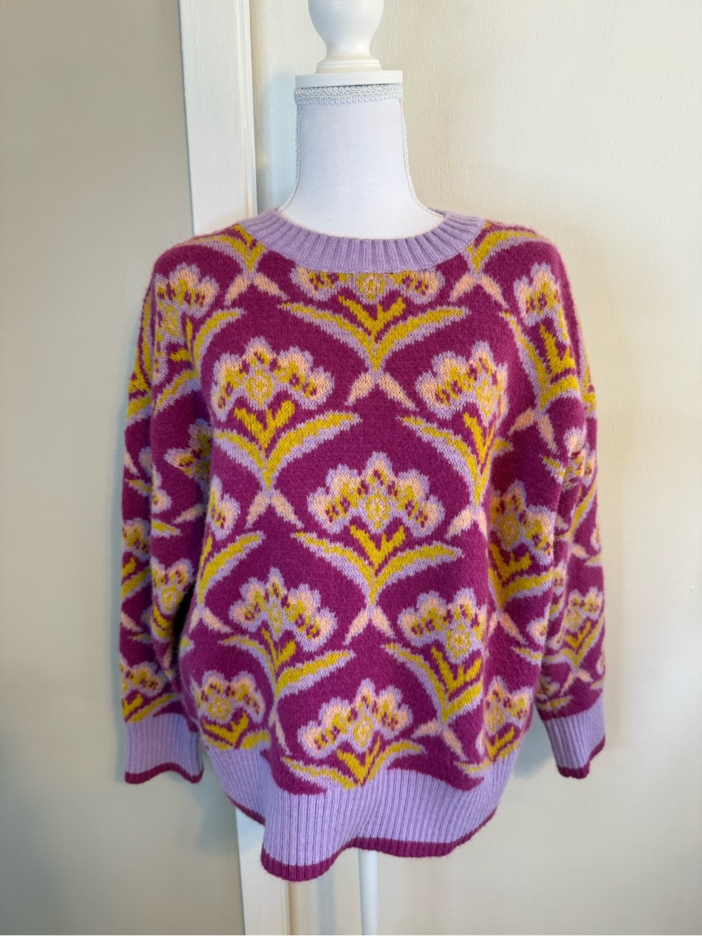 &merci Purple Floral Jacquard Fuzzy Sweater Size S